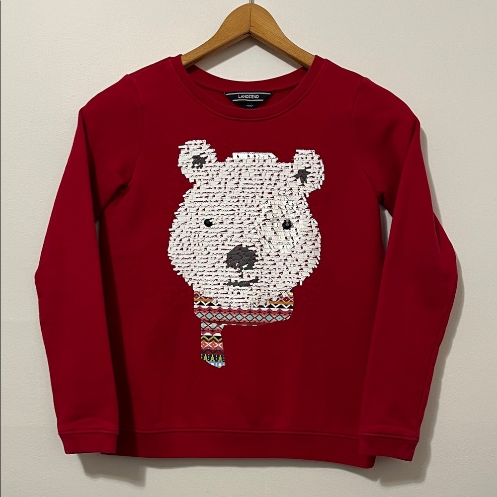 LANDS END Polar Bear Sequin Crewneck Sweater Sweatshirt Red Holiday Winter EUC